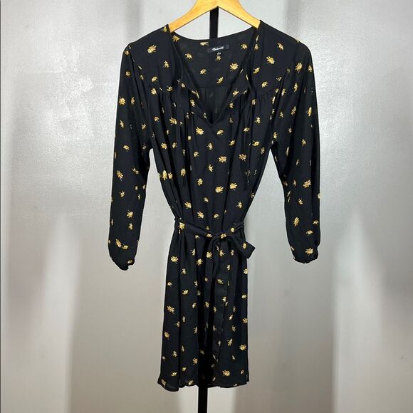Madewell Black Floral Long Sleeve Dress with Belt - Picture 1 of 8